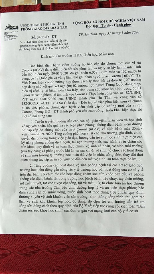 công văn về việc phòng, chống dịch bệnh viêm phổi cấp do virus Corona