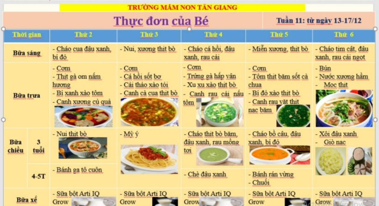 THỰC ĐƠN TUẦN 11 CỦA BÉ