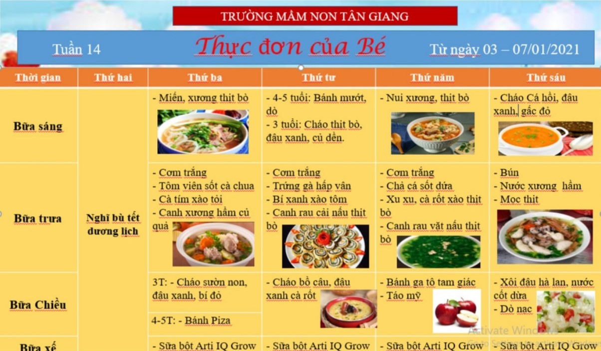 THỰC ĐƠN TUẦN 14 CỦA BÉ