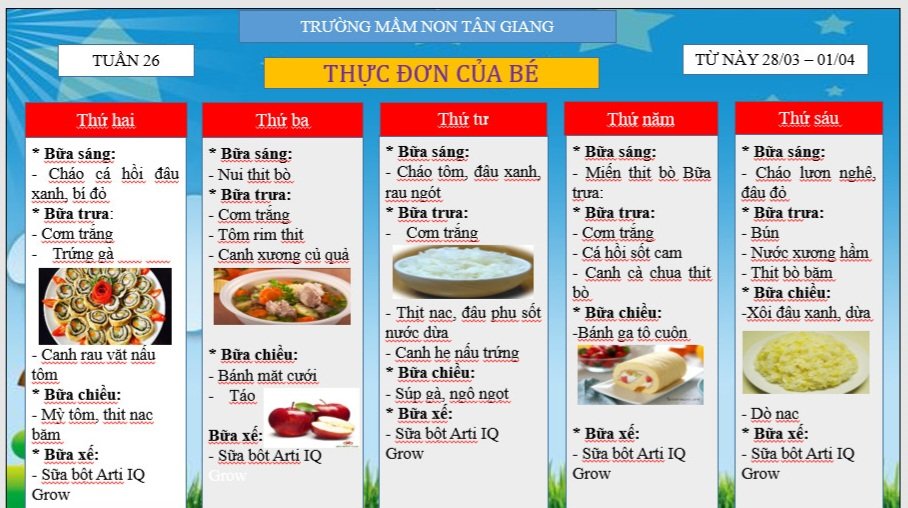 THỰC ĐƠN TUẦN 26 CỦA BÉ