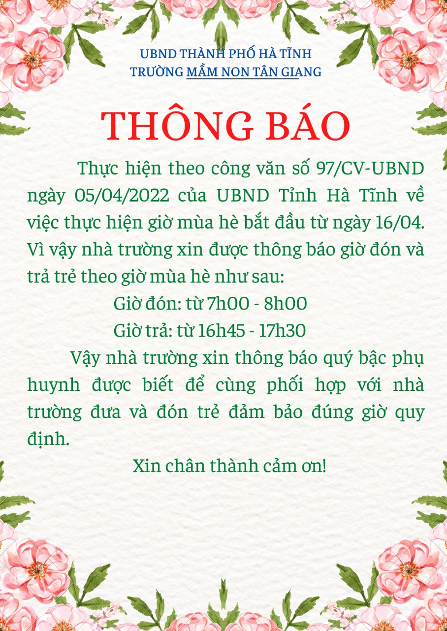 THÔNG BÁO GIỜ LÀM VIỆC MÙA HÈ