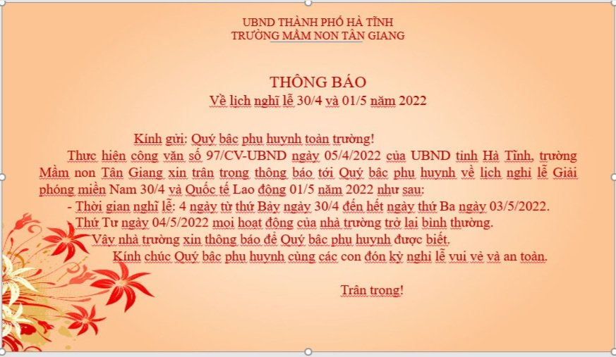 THÔNG BÁO NGHĨ LỄ 30/4 VÀ 01/5