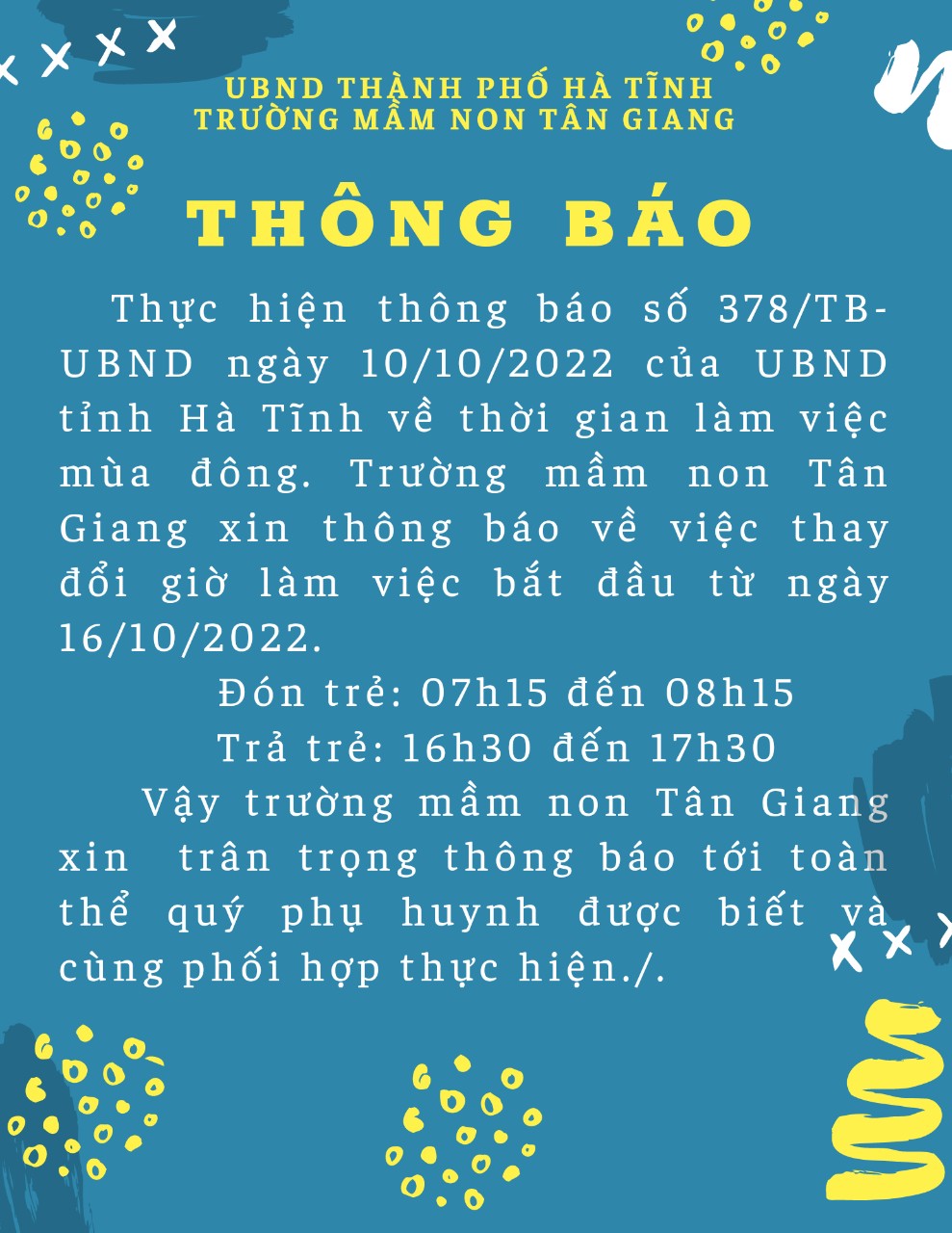 THÔNG BÁO THỜI GIAN LÀM VIỆC GIỜ MÙA ĐÔNG