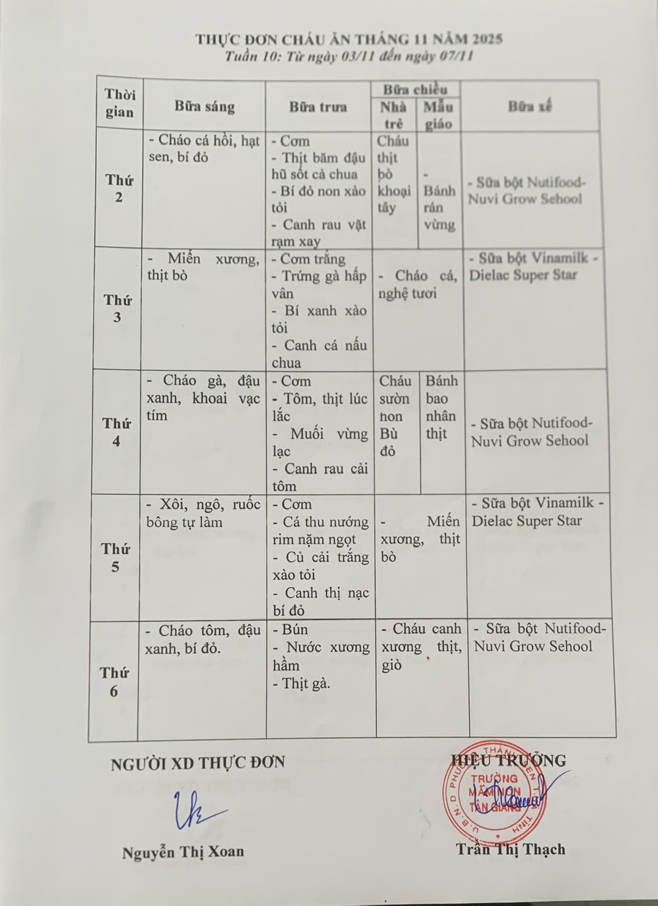 THỰC ĐƠN TUẦN 10 THÁNG 11