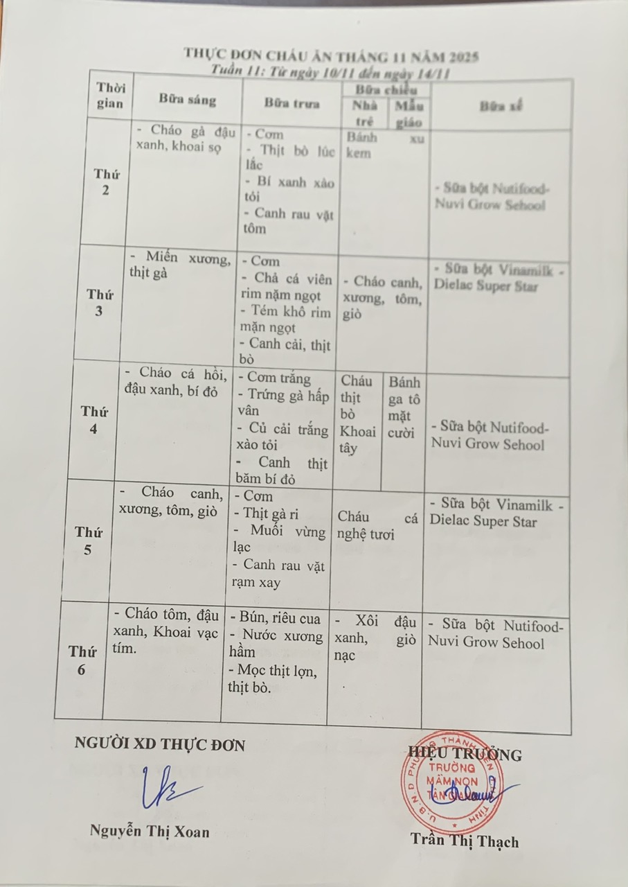 THỰC ĐƠN TUẦN 11 THÁNG 11