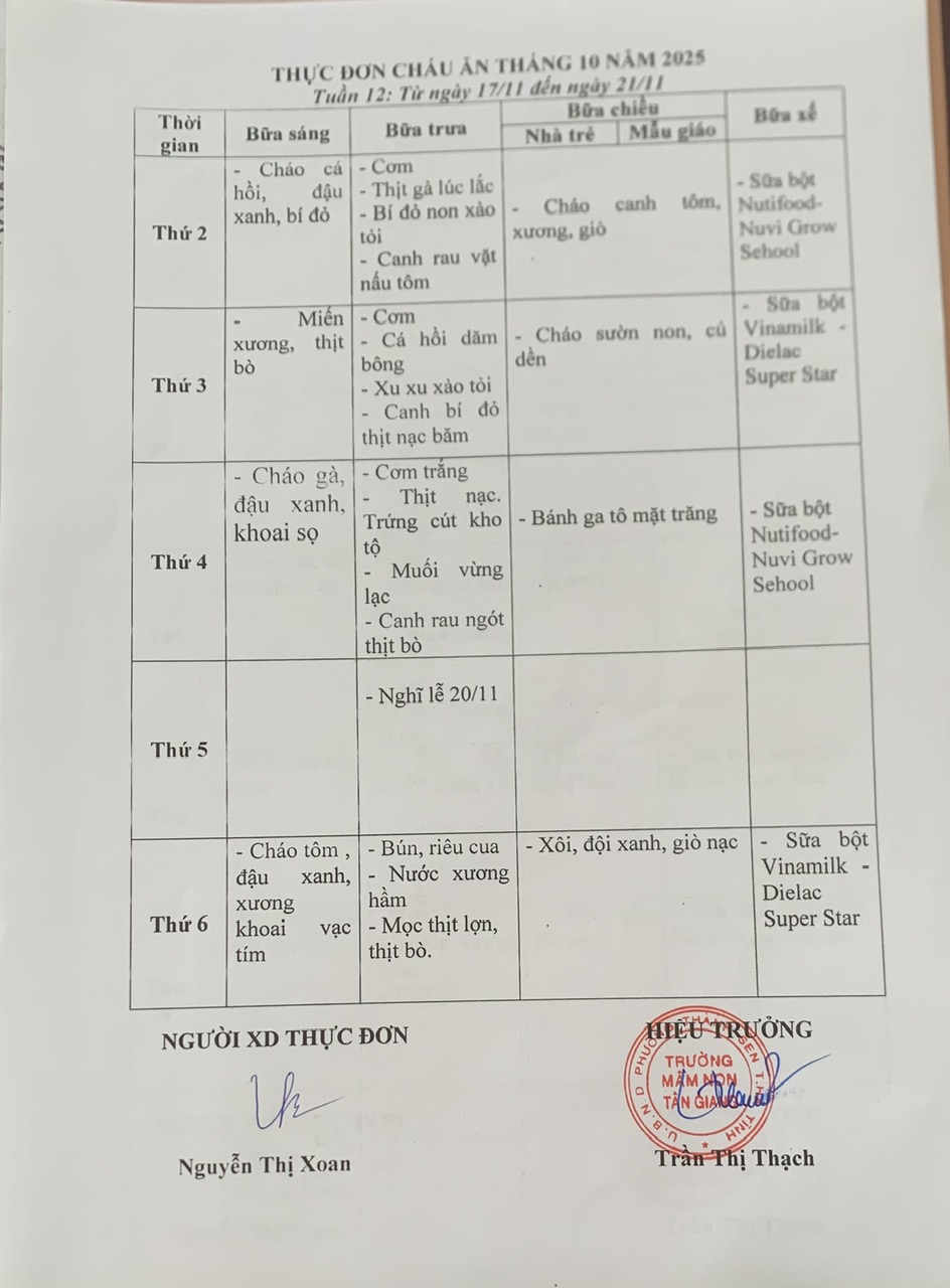 THỰC ĐƠN TUẦN 12 THÁNG 11