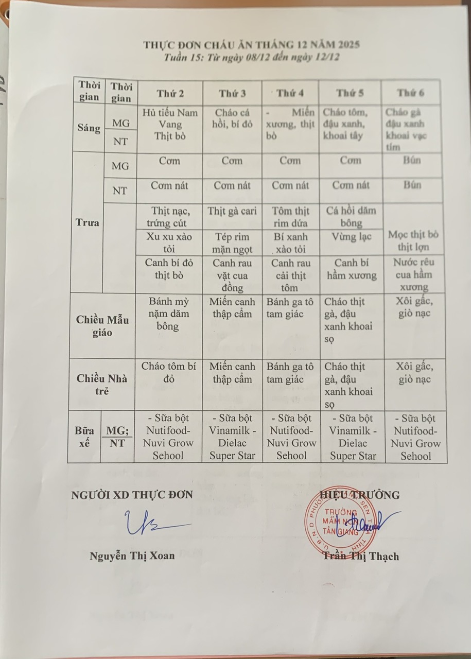 THỰC ĐƠN TUẦN 15 THÁNG 12/2025
