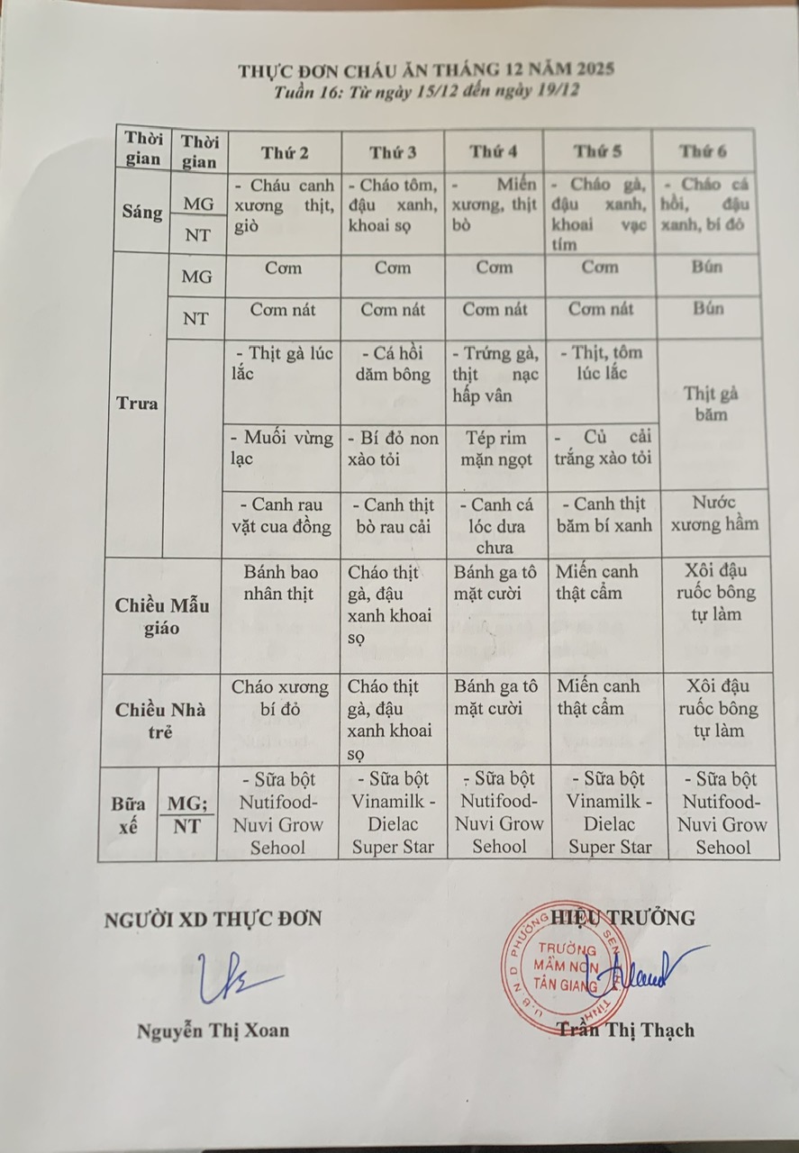 THỰC ĐƠN TUẦN 16 THÁNG 12/2025