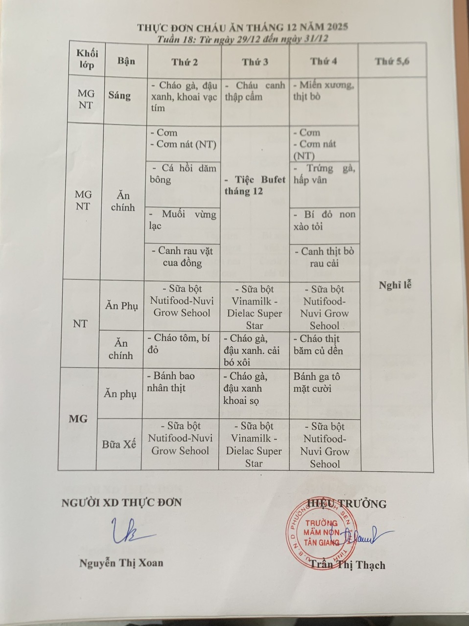 THỰC ĐƠN TUẦN 18 THÁNG 12 /2025