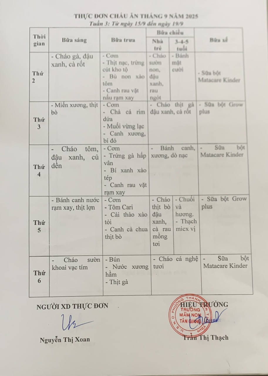 THỰC ĐƠN TUẦN 3 - THÁNG 9