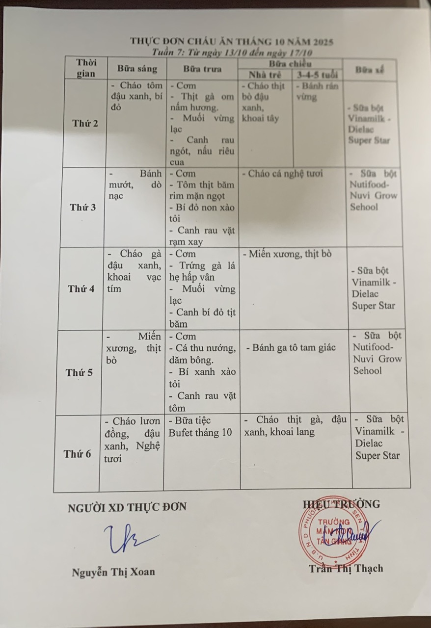 THỰC ĐƠN TUẦN 7 THÁNG 10