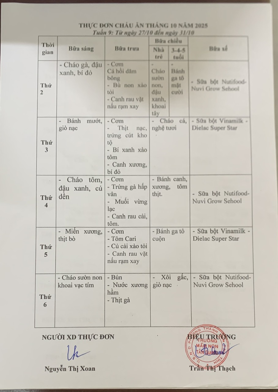THỰC ĐƠN TUẦN 9 THÁNG 10