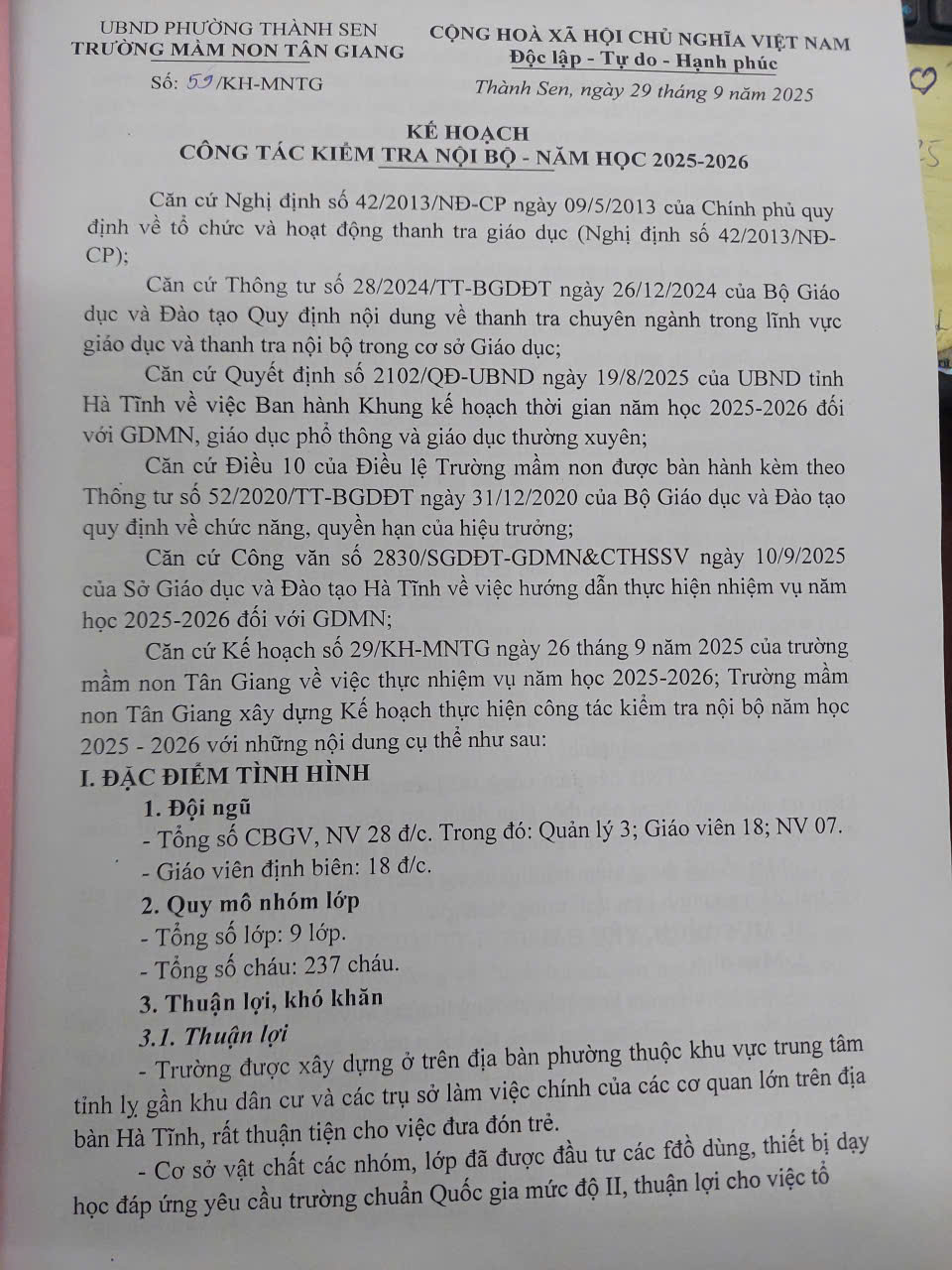 KẾ HOẠCH KIỂM TRA NỘI BỘ NĂM HỌC 2025-2026