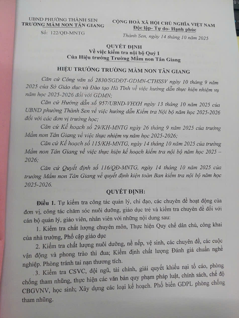 KẾ HOẠCH KIỂM TRA NỘI BỘ QUÝ I