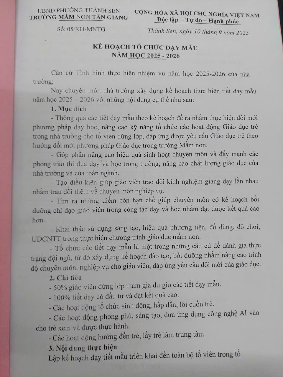 KẾ HOẠCH DẠY MẪU NĂM HỌC 2025-2026