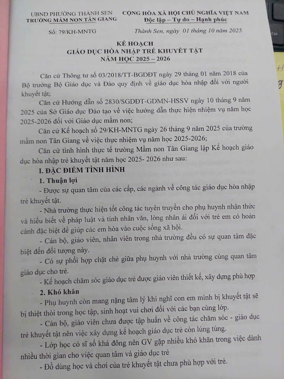 KẾ HOẠCH GD HÒA NHẬP TRẺ KHUYẾT TẬT - NĂM HỌC 2025-2026