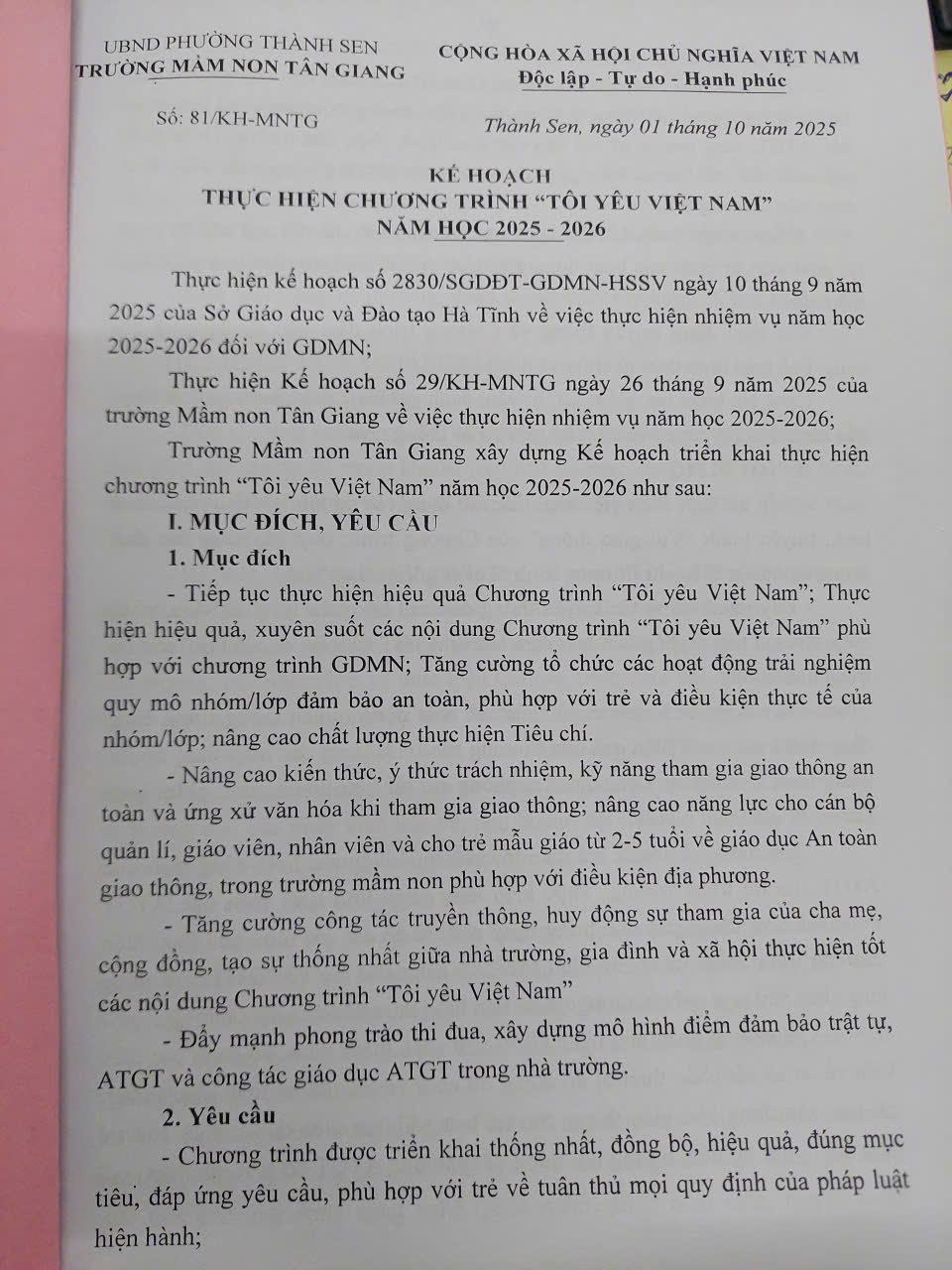 KẾ HOẠCH CHƯƠNG TRÌNH TÔI YÊU VIỆT NAM NĂM HỌC 2025-2026