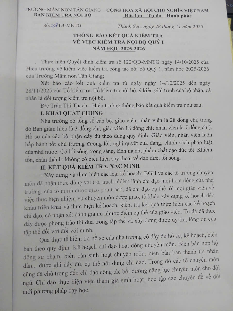 THÔNG BÁO KẾT QUẢ KIỂM TRA NỘI BỘ QUÝ I NĂM HỌC 2025-2026