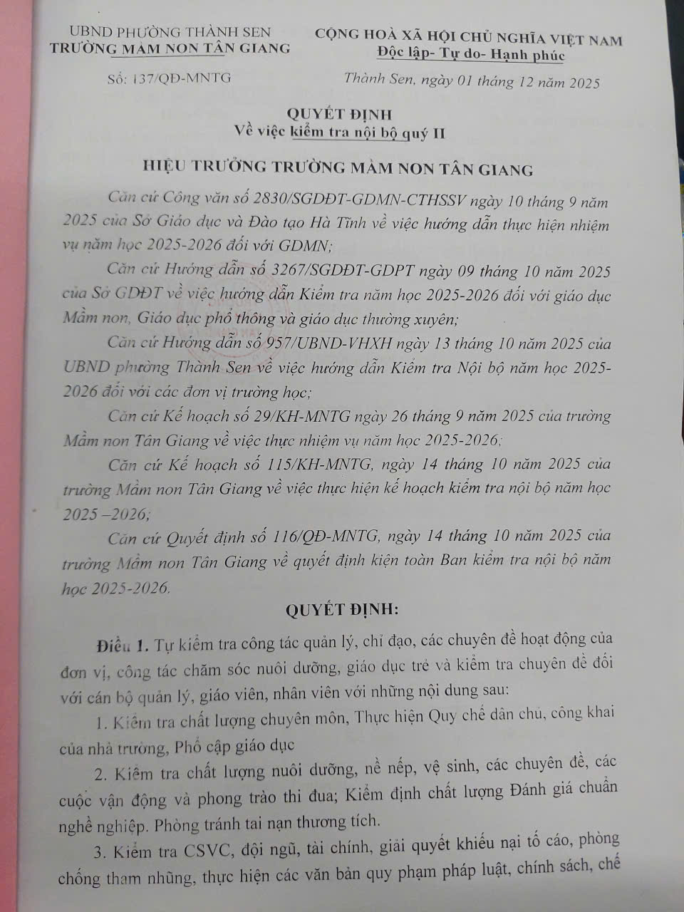 KẾ HOẠCH KIỂM TRA NỘI BỘ QUÝ II NĂM HỌC 2025-2026
