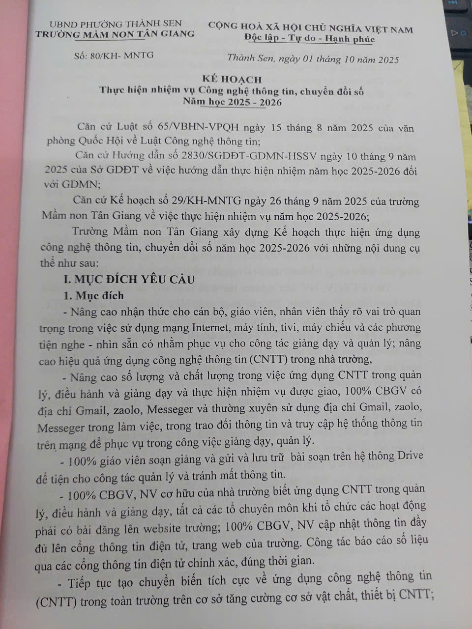 KẾ HOẠCH UDCNTT, CHUYỂN ĐỔI SỐ NĂM HỌC 2025-2026