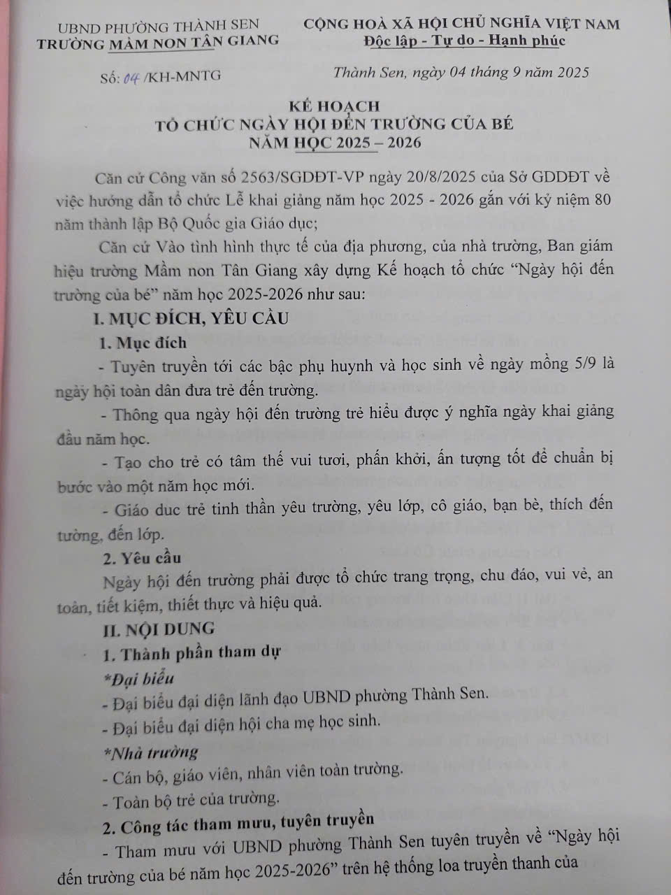 KẾ HOẠCH TỔ CHỨC NGÀY HỘI ĐẾN TRƯỜNG NĂM HỌC 2025-2026