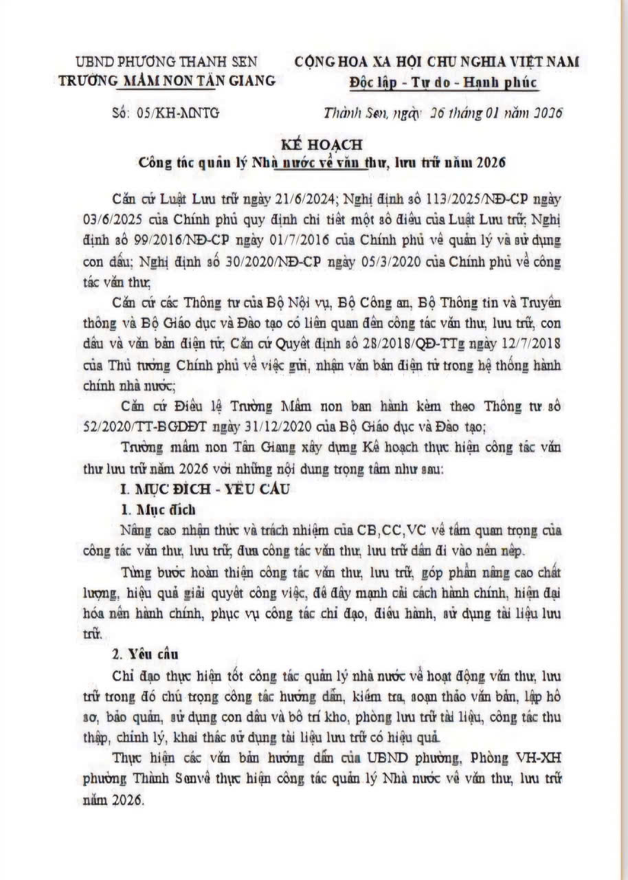 KẾ HOẠCH VĂN THƯ LƯU TRỬ NĂM 2026