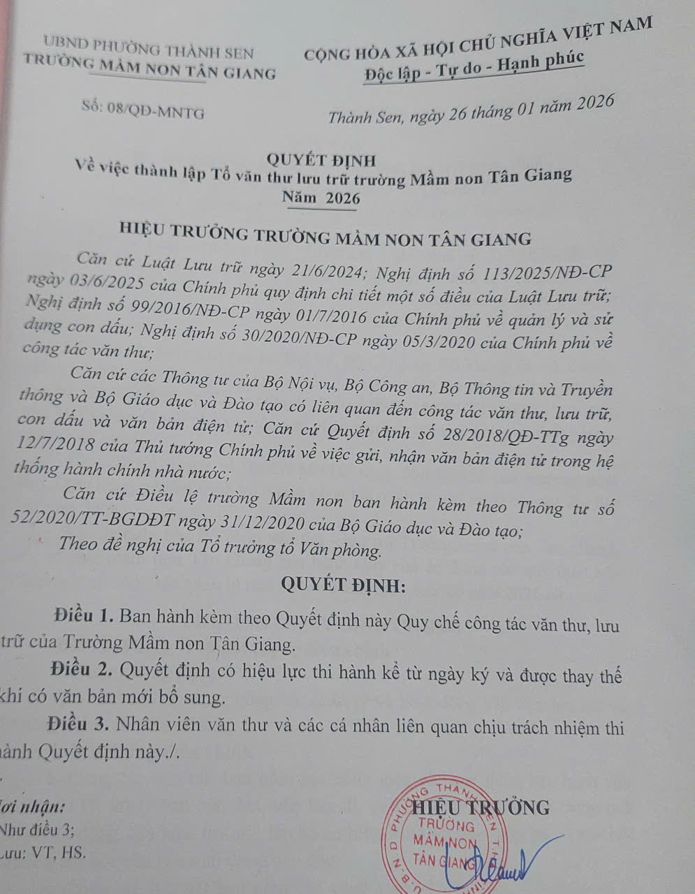 QUY CHẾ CÔNG TÁC VĂN THƯ LƯU TRỬ NĂM 2026